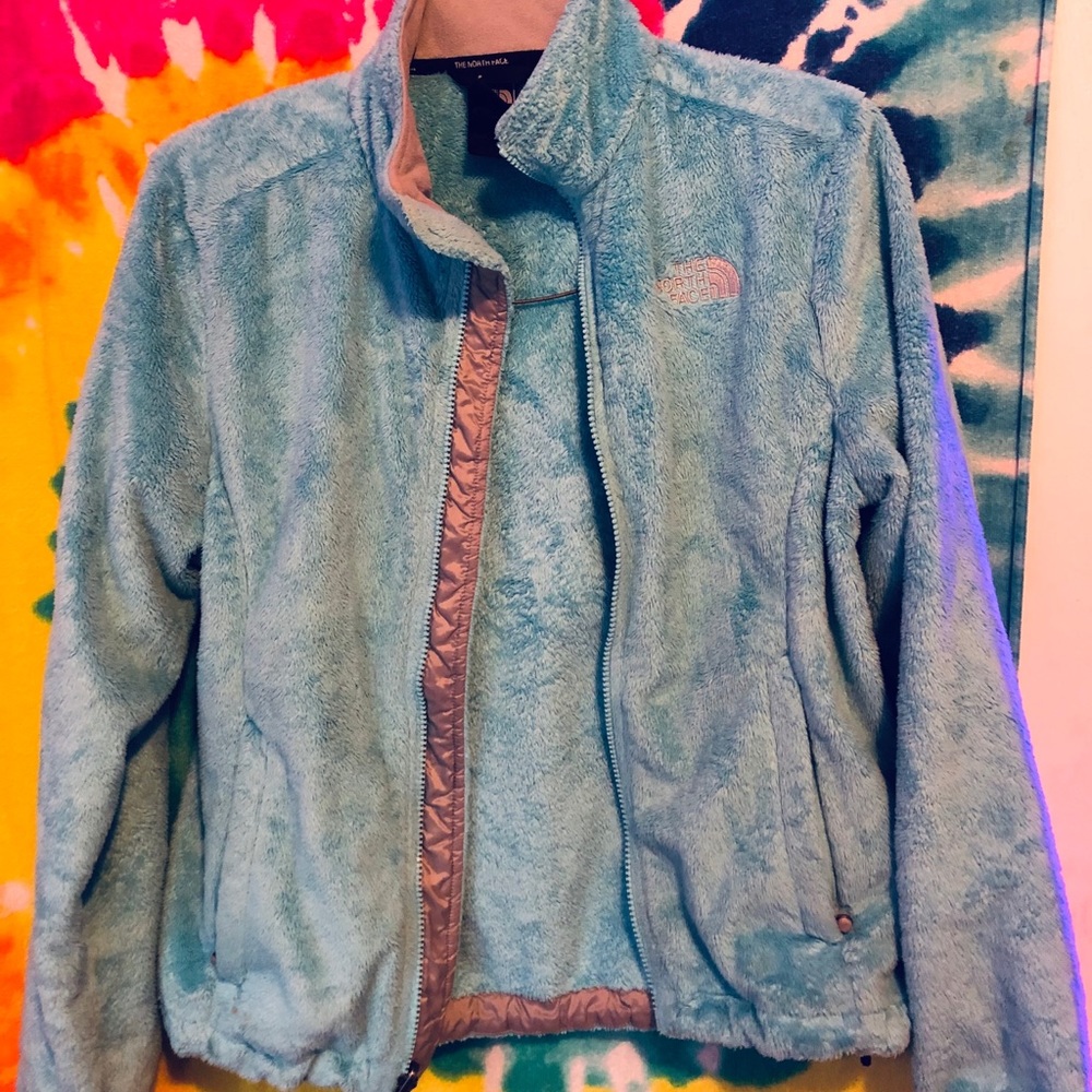 Blue the north face zip up fuzzy jacket